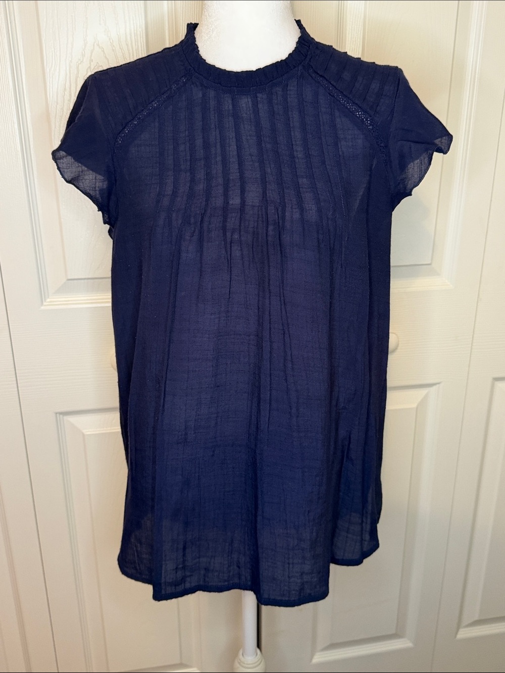 Nanette Lepore Navy Short Sleeve Pintuck Blouse